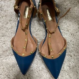 Halogen Olsen T Strap Patent Blue Studded Flats Sz 8.5 EUC - worn 2 times